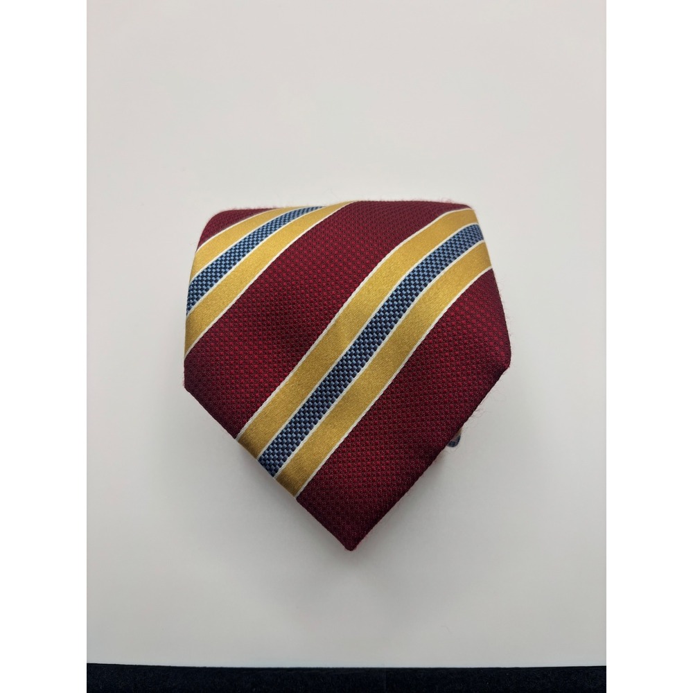 Henry Jacobson Mens Silk Tie Burgundy Gold Blue Striped Regimental Hand Made